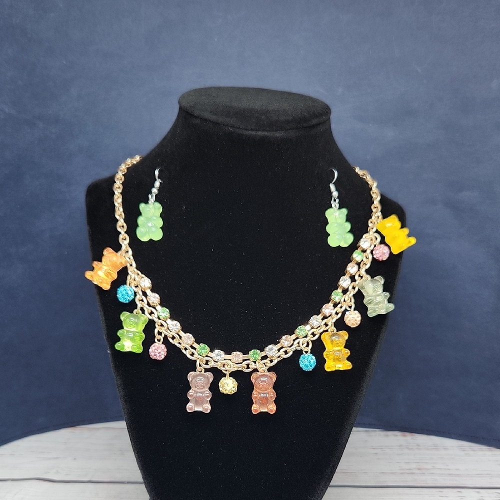 Colorful Gummy Bear Charm Necklace & Earring Set - Multi-Color